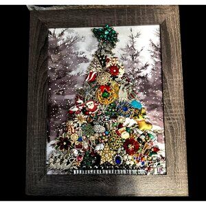 Vintage Jewelry Christmas Tree Framed Snowy Forest Picture 17" x 14" by Betty